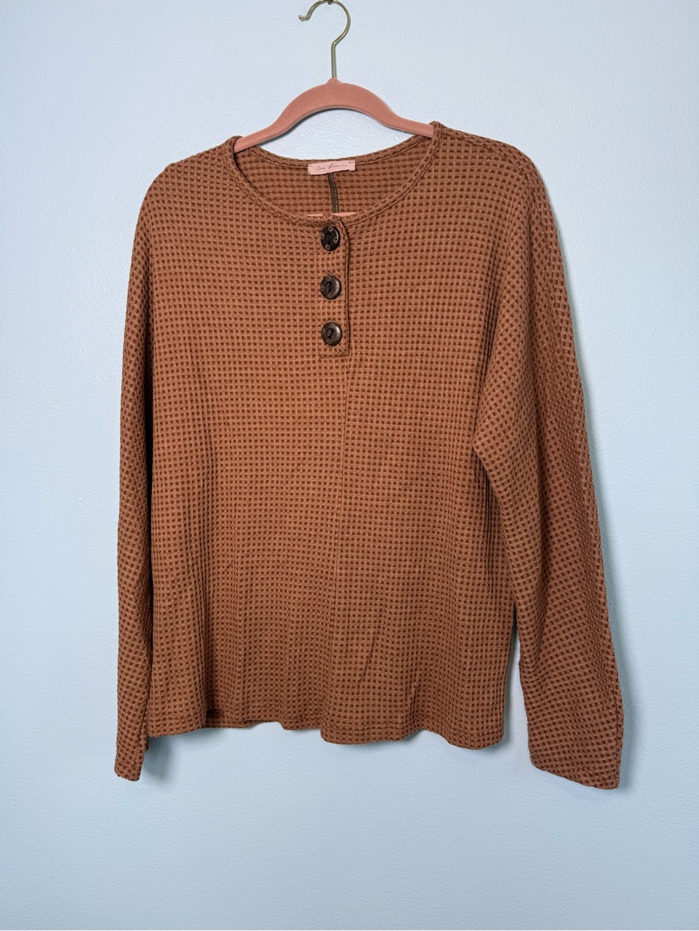 Ces Femme Waffle Knit Henley Top - Brown